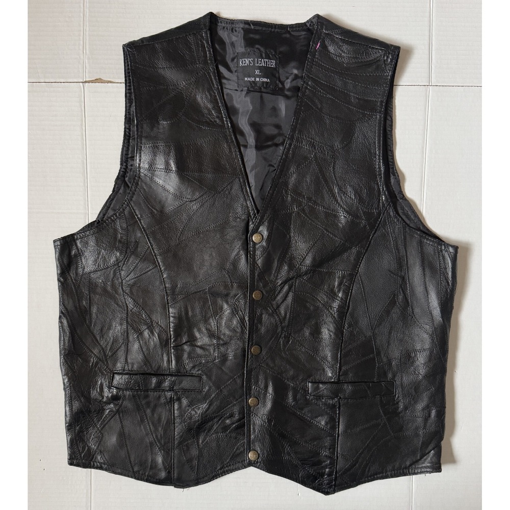 KEN'S LEATHER - Men's Black 100% Patchwork Pigskin Vest - Size X-Large - XL